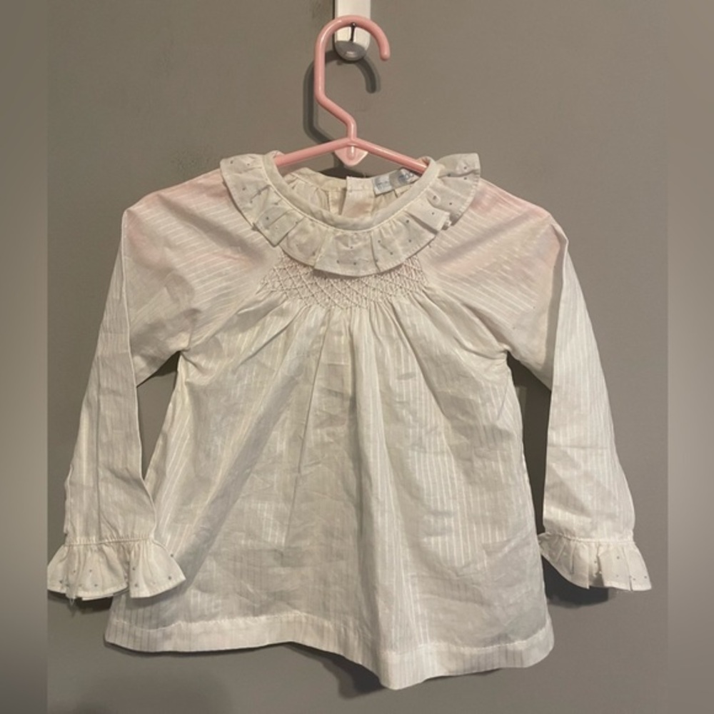Mini la mode white smocked blouse‎ with blue embroidered 18 month